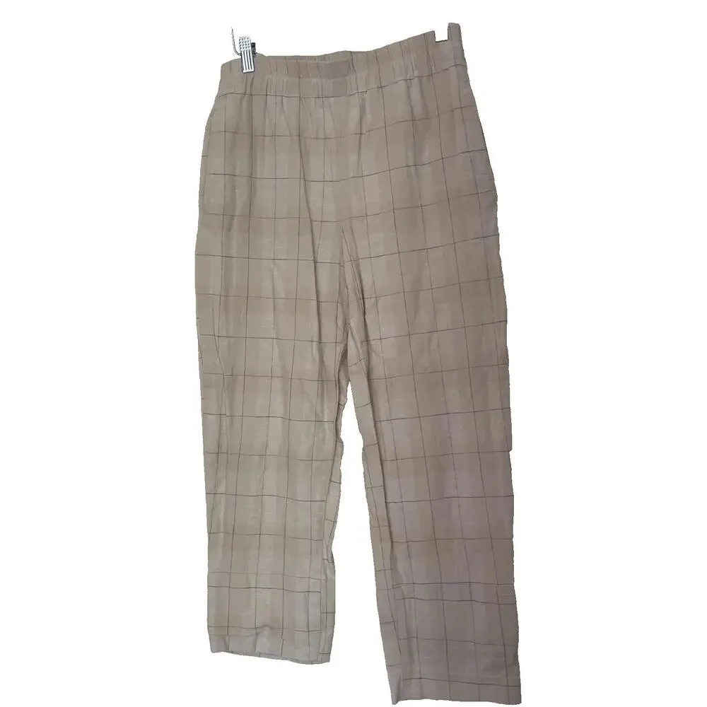 Zara Womans Pants Trousers cotton linen plaid print beige blue size S